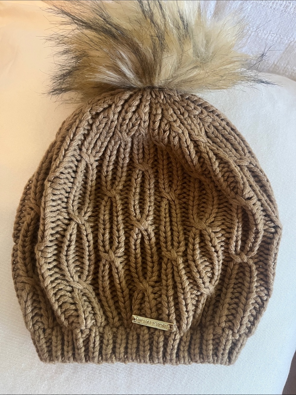 Michael Kors Camel/Tan Cable Knit Pom-Pom Beanie